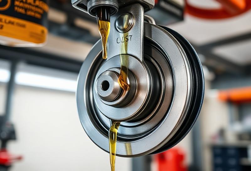 Technician lubricating garage door bearings with professional-grade lubricant