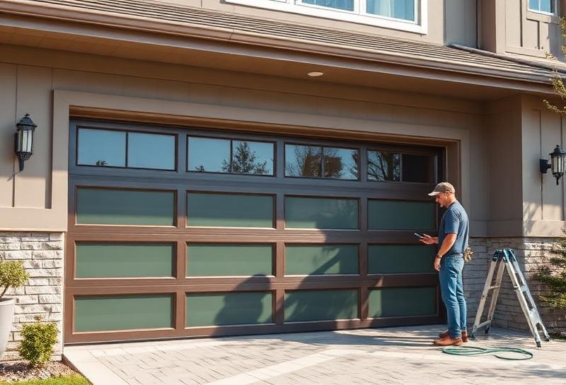 New garage door installation in progress with professional technician measuring