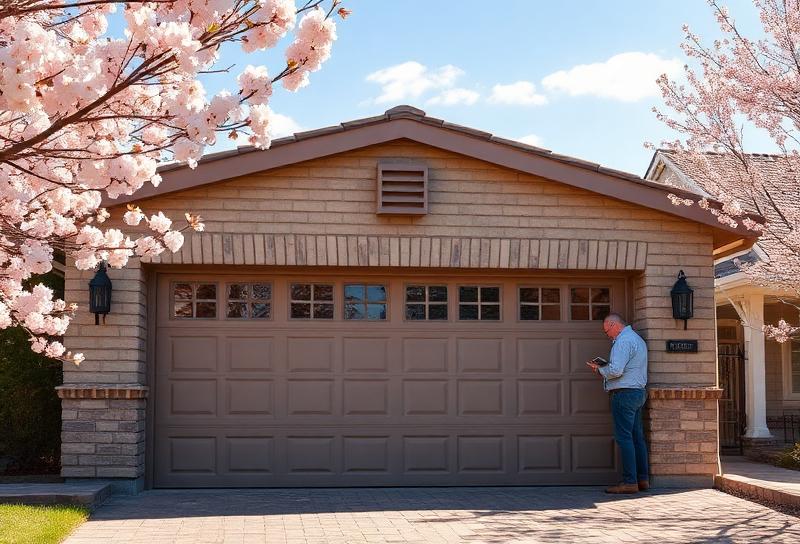 Homeowner inspecting garage door in spring sunshine with blooming flowers nearby