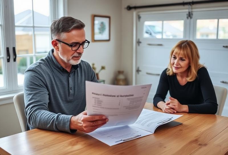 Homeowner reviewing garage door warranty documents with technician