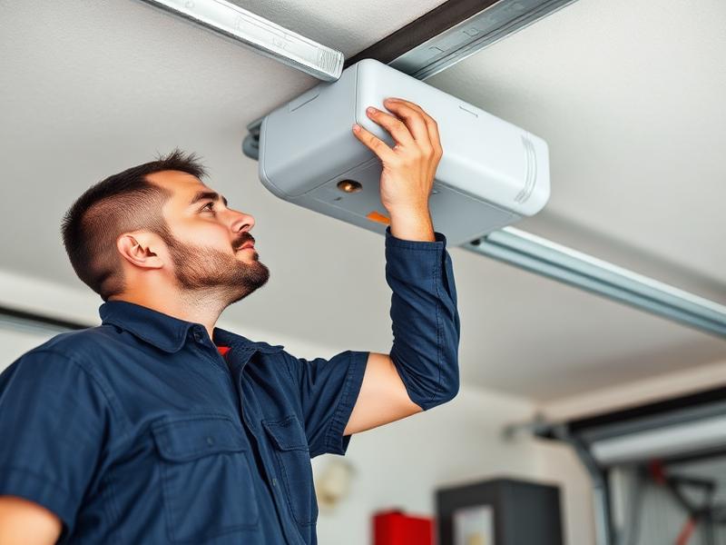 Experienced garage door technician adjusting opener motor - professional and trustworthy service